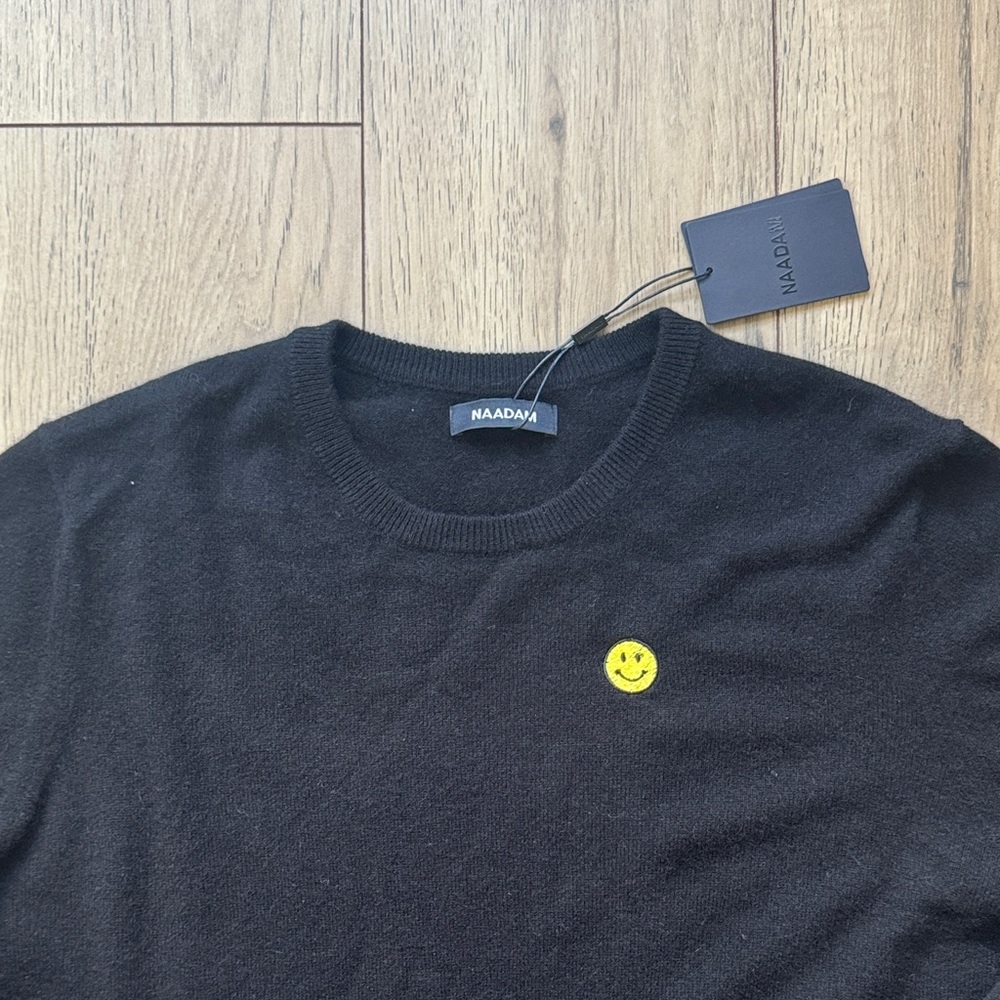 NWT NAADAM Yellow Smiley Face 100% Cashmere Black Crewneck Sweater Men’s 2XL